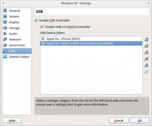 Setting the USB filter for the recovery mode iPhone